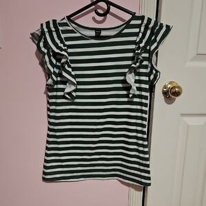 SHEIN Green and White Striped Ruffle Sleeve Tee